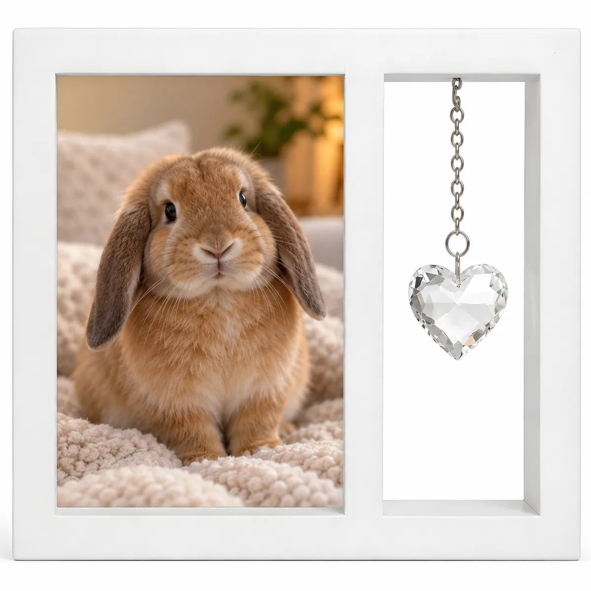 The frame holding a photo of a lop-eared rabbit