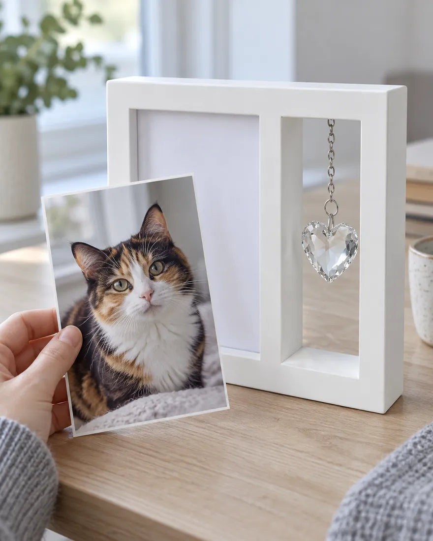 A hand holding a printed photo of a calico cat next to the empty frame