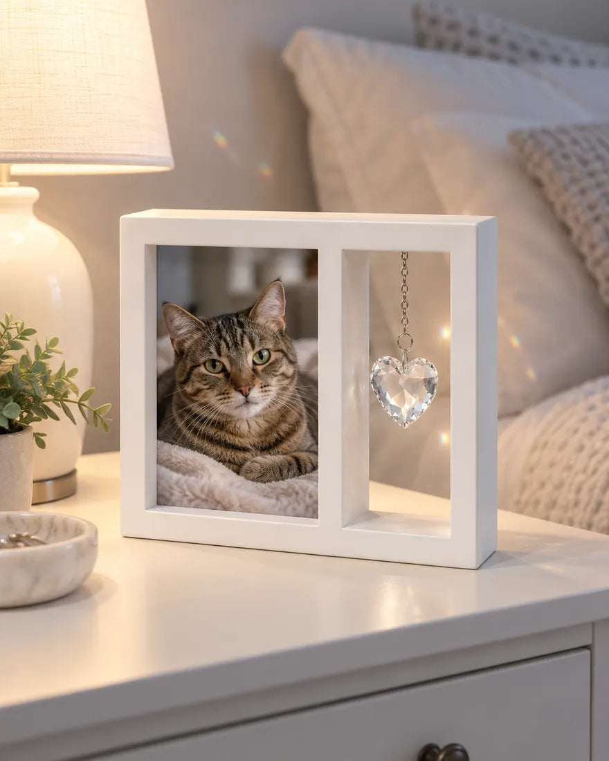 The frame beside a bedside lamp holding a photo of a tabby cat