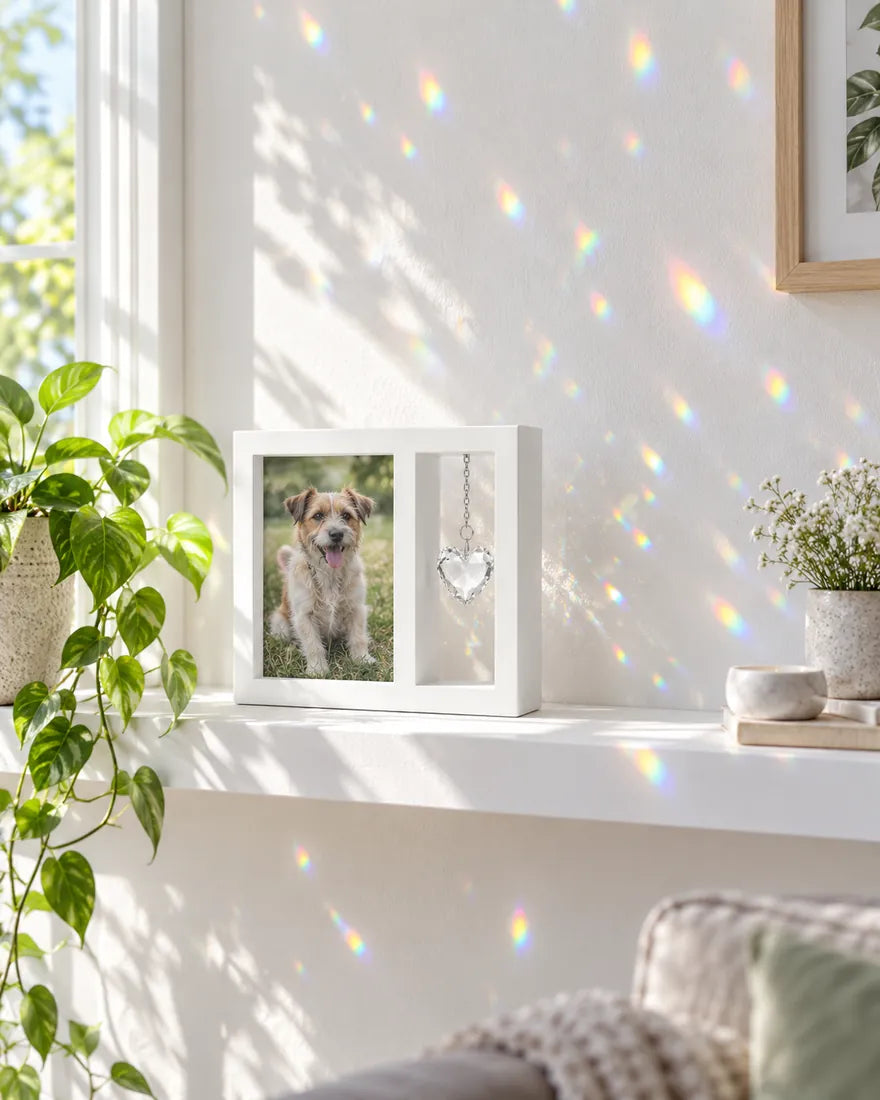 A white wall covered in small rainbows around the frame on a shelf