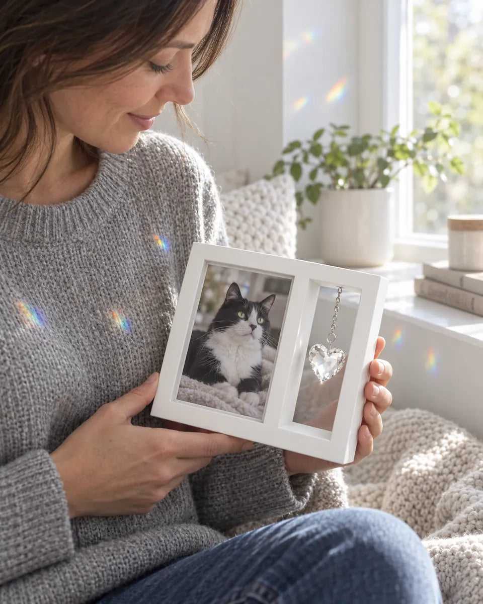 A woman by a sunny window holding the frame with a photo of her black-and-white cat, small rainbows on her sweater